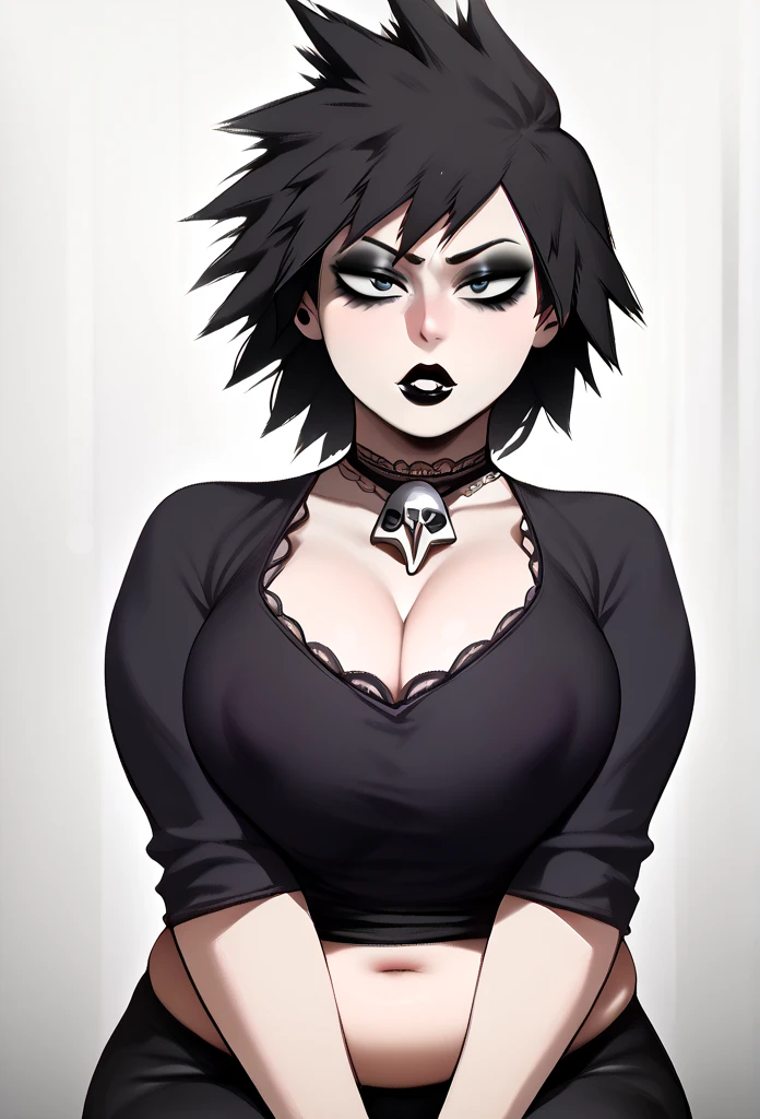 score_9, score_8_up, score_7_up, score_6_up, score_5_up, score_4_up, BREAK 1girl, intricate, Goth outfit , (eyeliner:1.2), looking at viewer, black hair, bun-cut, long hair, pale skin, jewelry, detailed background, breasts (masterpiece, high quality:1), ((Goth Mitsuki Bakugo)), Mitsuki Bakugo, milf, mature woman, mother, plump body, thick body, mature body, black lipstick,
