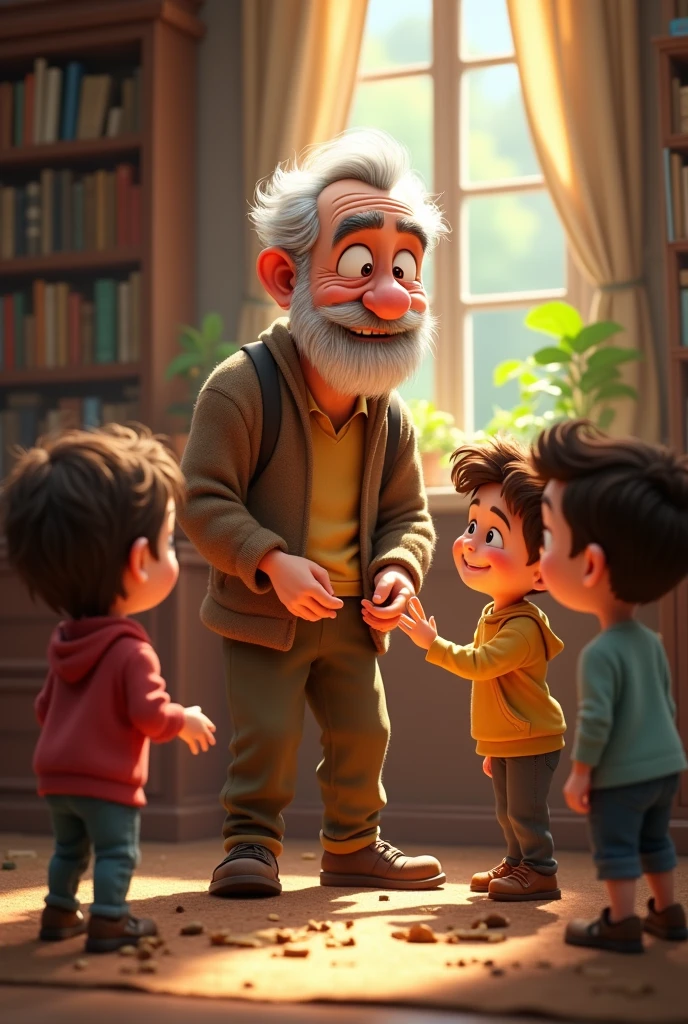Need a 3d animation style, Ramu sharing his life lessons with younger children in a schoolyard, who listen intently and with admiration