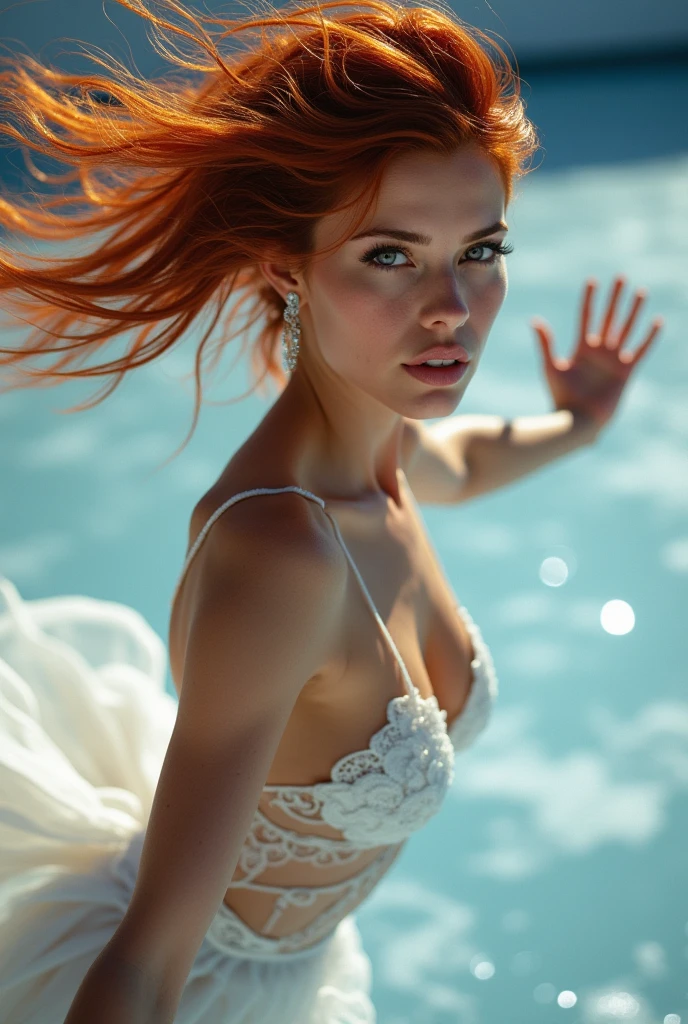 Portrait d'une rousse de 26 ans, silhouette fine, dressed in'une nuisette transparente en dentelle , dans un lac, les mains et les jambes dans l'eau, seduction, soleil couchant, cinematic rendering, 32K