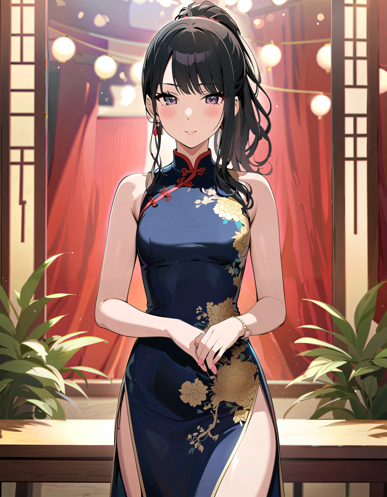 (masterpiece),( best quality),(  Very detailed),(  vest shadow  ),(  detailed background ),( VERY BEAUTIFUL), Official style, Hiori Kazano,   ponytail,   black hair  ,   dark eyes,  small breasts,  ( red cheeks :1.1),   The Idolmaster Shiny Colors ,   china dress, ( long slit :1.1),  party venue, ( cowboy shot),  Real Skin