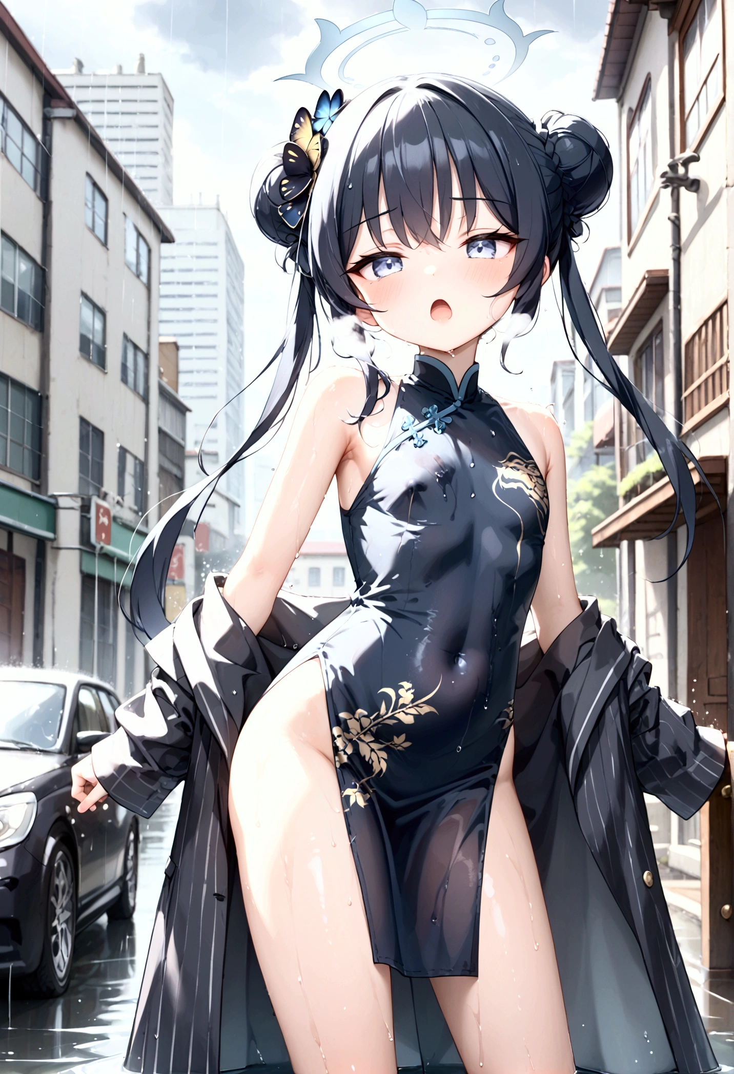 High image quality 、masterpiece、  High Quality   、Full HD、4K 、 depicting only one girl 、 looking at the camera、 Focus on your upper body 、Side view、Kisaki(blue archive)、 long black hair  、Bun Hair、Blue hair ornament、  blue eyes、 slim、 flat chested、Grey Halo (Kisaki)、Screaming、 Shy 、blush、 red cheeks 、White Breath、 black China dress style uniform、Gold embroidery、Long, slender legs、 standing、Wet clothes、Skin Seen Through Clothes 、 no one、modern city with rain、Surrounded by large buildings 、Lots of rain 