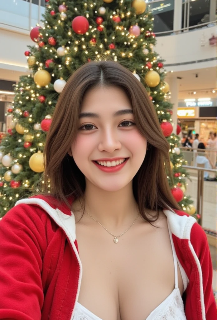 movies, Soft, Take a photo,  atmosphere , Selfie,portrait, Thai Women, cute,((smile)),  happy  ,Age 25 years,  Perfect Body ,shill, Wear a Santa costume,Beautiful decorative Christmas tree on the back, in shopping mall, full body image,