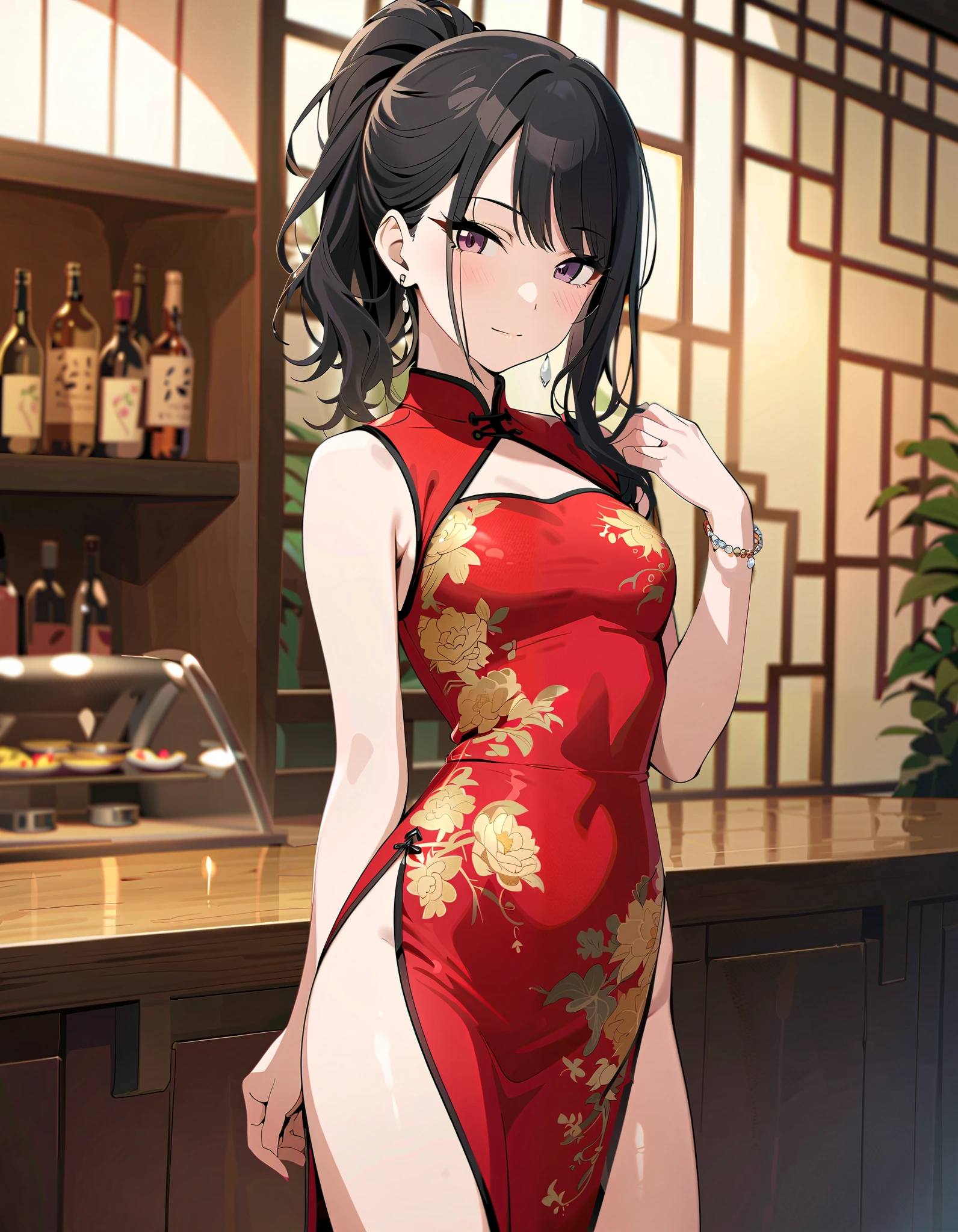 (masterpiece),( best quality),(  Very detailed),(  vest shadow  ),(  detailed background ),( VERY BEAUTIFUL), Official style, Hiori Kazano,   ponytail,   black hair  ,   dark eyes,  small breasts,  ( red cheeks :1.1),   The Idolmaster Shiny Colors ,   china dress, ( long slit :1.3),  party venue, ( cowboy shot),  Real Skin