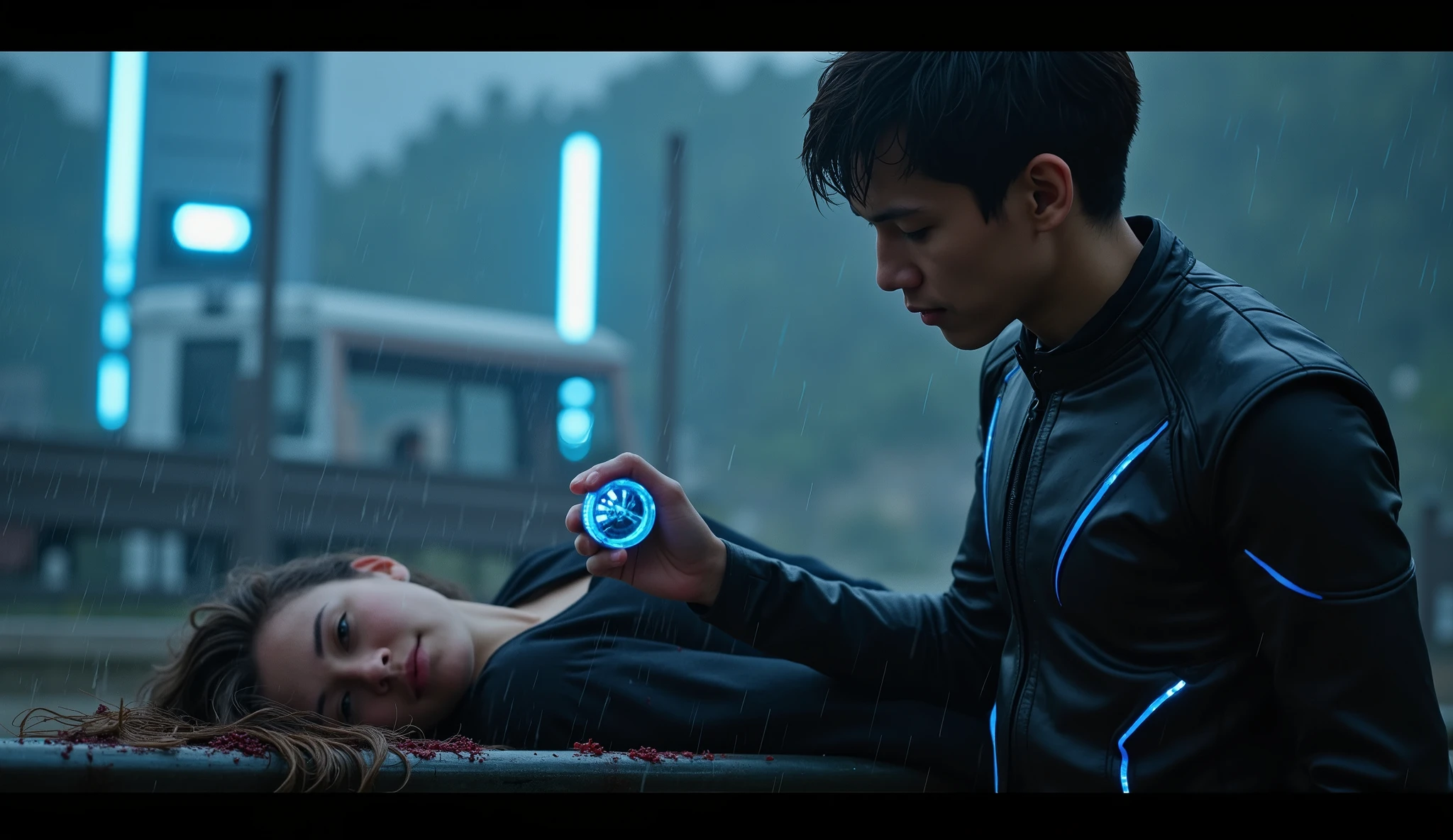 full body photoshoot,photo taken from above,Cyberpunk korean couple,(romantic lift hug),face at the camera,ultra realistic,16k,cool romantic couple,clear,