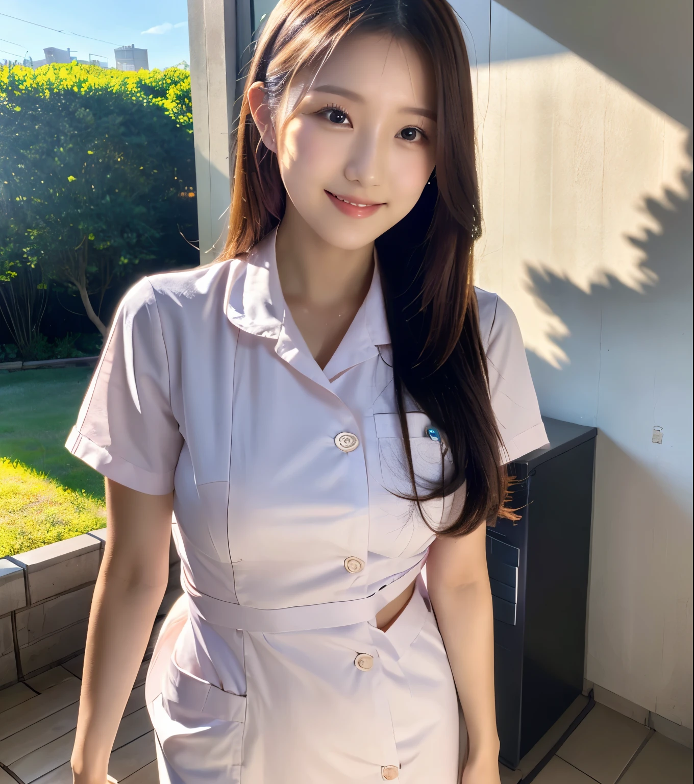 masutepiece, Photorealistic, high、detail, Beautiful black straight long hair、Aligned bangs、Beautiful woman with beautiful double eyelids、White nurse uniform、Small white nurse cap、kindly smile、Slim body、((8K, Raw photo)), Hospital Room、Heal your audience、Hands、Staring at the viewer Front photo above the waist、Shot from the top waist
