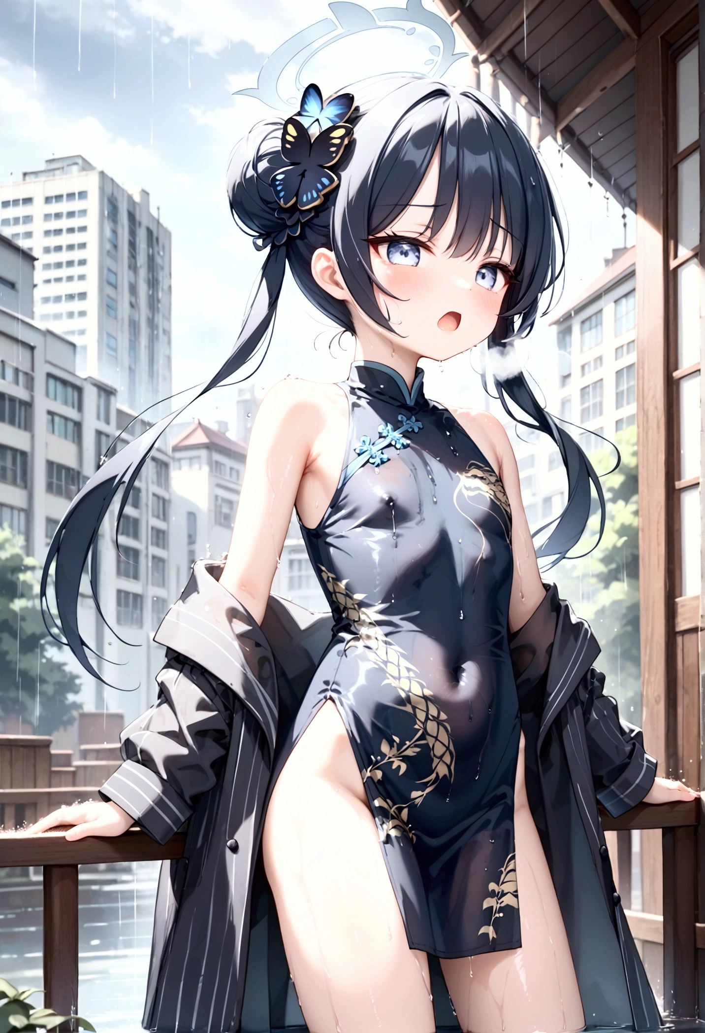 High image quality 、masterpiece、  High Quality   、Full HD、4K 、 depicting only one girl 、 looking at the camera、 Focus on your upper body 、Side view、Kisaki(blue archive)、 long black hair  、Bun Hair、Blue hair ornament、  blue eyes、 slim、 flat chested、Grey Halo (Kisaki)、Screaming、 Shy 、blush、 red cheeks 、White Breath、 black China dress style uniform、Gold embroidery、Long, slender legs、 standing、Wet clothes、Skin Seen Through Clothes 、 no one、modern city with rain、Surrounded by large buildings 、Lots of rain 