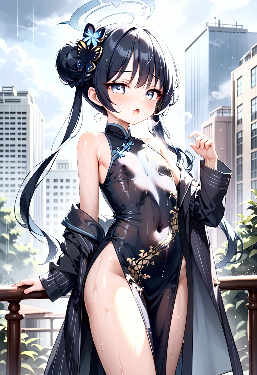 High image quality 、masterpiece、  High Quality   、Full HD、4K 、 depicting only one girl 、 looking at the camera、 Focus on your upper body 、Side view、Kisaki(blue archive)、 long black hair  、Bun Hair、Blue hair ornament、  blue eyes、 slim、 flat chested、Grey Halo (Kisaki)、Screaming、 Shy 、blush、 red cheeks 、White Breath、 black China dress style uniform、Gold embroidery、Long, slender legs、 standing、Wet clothes、Skin Seen Through Clothes 、 no one、modern city with rain、Surrounded by large buildings 、Lots of rain 