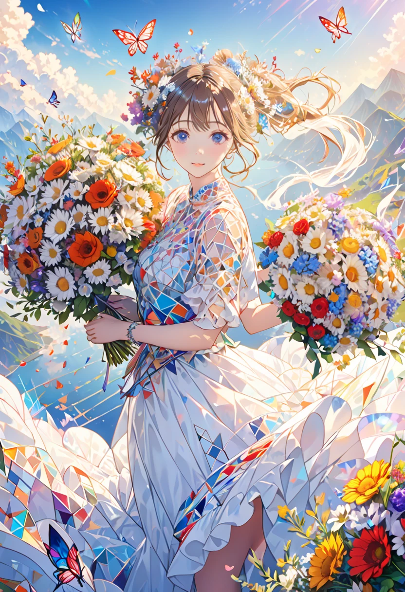 (ultra- detailed background,  detailed background),   disorganized ,  high definition ,  super detailed,  Very detailed,  1 girl, (bouquet:1.3), ([    "Intertwined:1.2), (Geometric:1.2),( colorful ),Beautiful nudes floating in the sky、whole body、There are lots of butterflies and birds shining in seven colors flying around