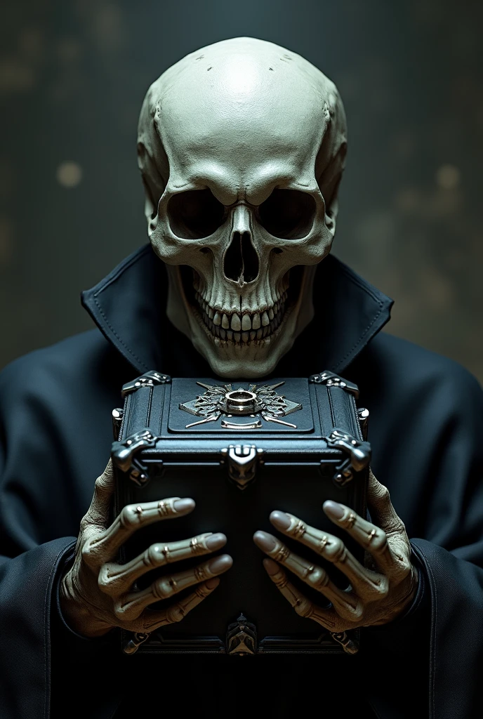 A sinister skull day trader sitting in front of a computer, with trading charts on the screens. The skull is focused, with a sinister look, in a dark and detailed environment, such as monitor lights reflecting on its bony face. High quality and high resolution image."