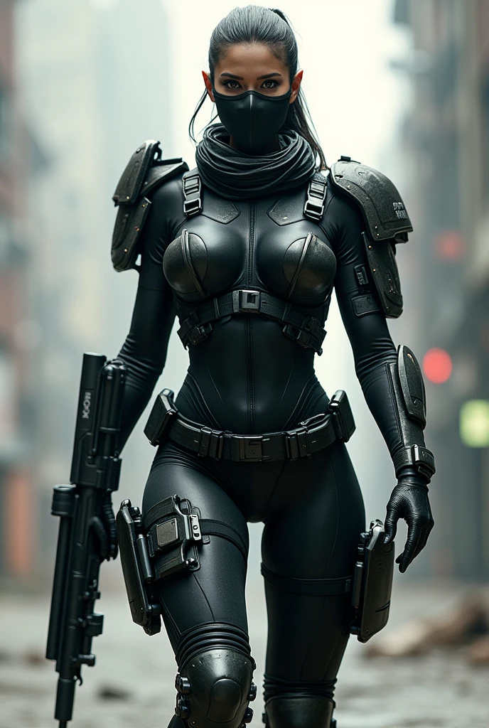 , armed female figure in a (((Holographic))) sci-fi suit (tight jumpsuit), at the spaceport, against the background of a sci-fi ship taking off, overcast, mask, sci-fi visor, sci-fi lens, sci-fi respirator, bald head, plate armor, isolated armor, third-person view from below, lots of fine detail in the style of 'pursuit' by gesaffelstein, photorealistic, cinematic lighting, dark atmosphere, volumetric lighting, action pose, epic scene, lots of fine detail, movie style, photography, natural textures, natural light, natural blur, photorealism, cinematic rendering, ray tracing, highest quality, highest detail, Cinematic, Blur Effect, Long Exposure, 8K, Ultra-HD, Natural Lighting, Moody Lighting, Cinematic Lighting, hyper-realistic, vibrant, 8k, detailed, ultra detail,
