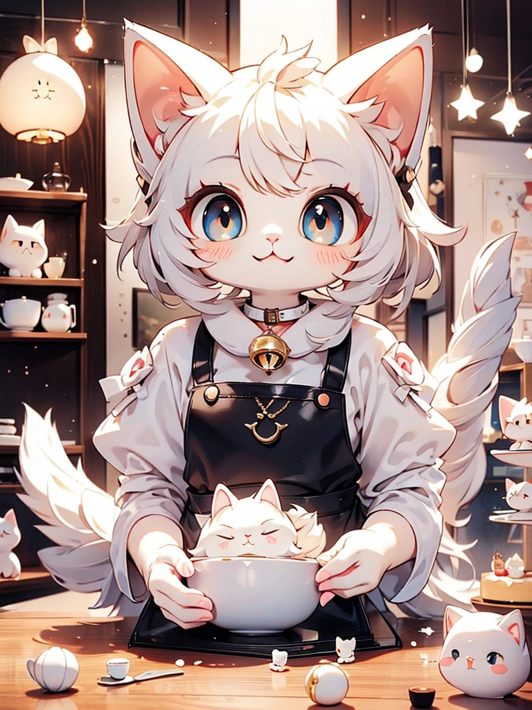 Ragdoll、kitten、 white and gray body hair 、 collar with a red bell、 long tail、 odd-eye、 cooking、Fluffy fur、Making a cake 、 cat cafe kitchen making cake、Making coffee、 has a smiling face 、