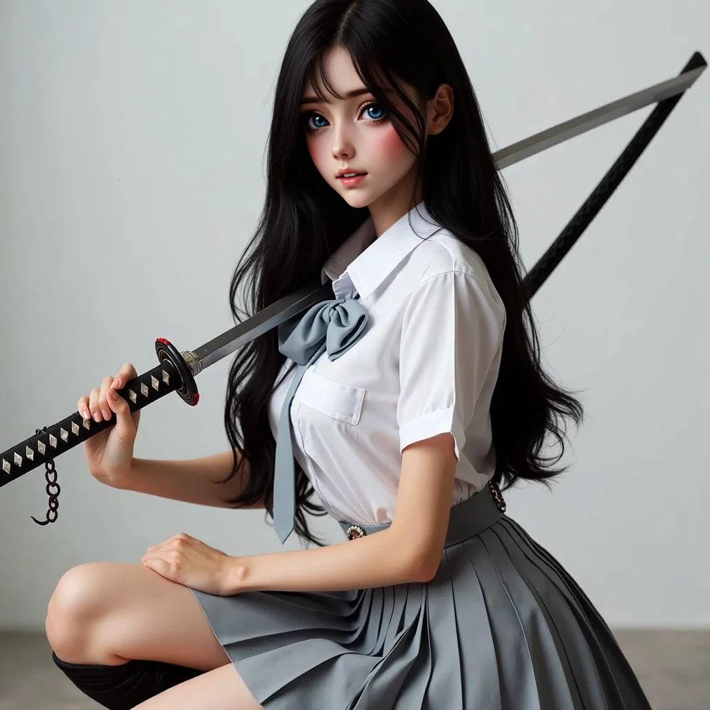 Anime Girl, glasses ,sword man ,black hair, long hair, Anime style