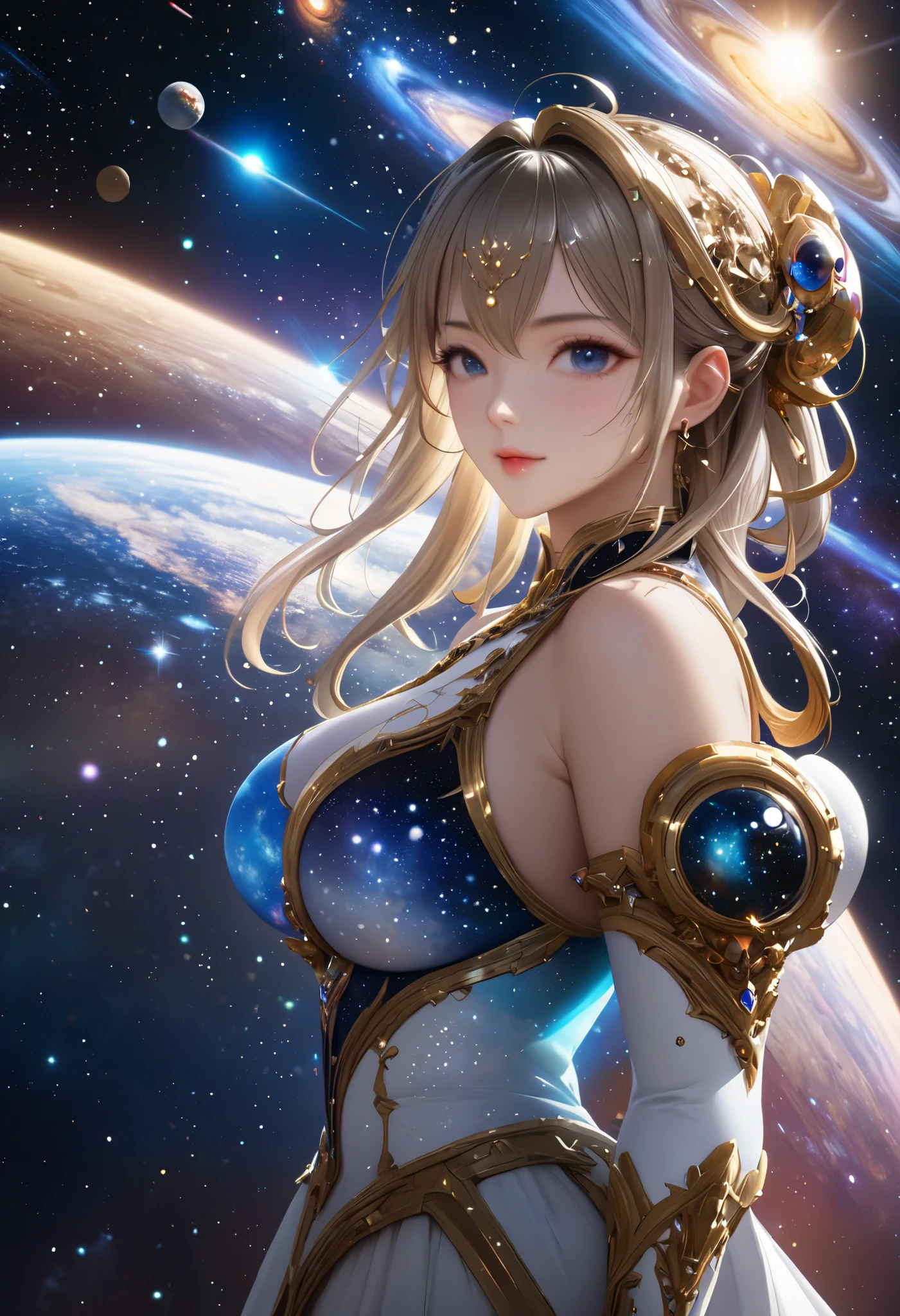 masterpiece, 最 High Quality ,  High Quality , 8k,  depth of field,  high definition , Realistic,  Very detailed,  complicated,  high detail, universe, space, milky way, star, 惑star, Celestial Bodies, solar system, universe線, 超新star, Deep space, There is only one goddess,  most beautiful woman with hanging eyes, universeに浮かぶ,  digital illustration art ,  