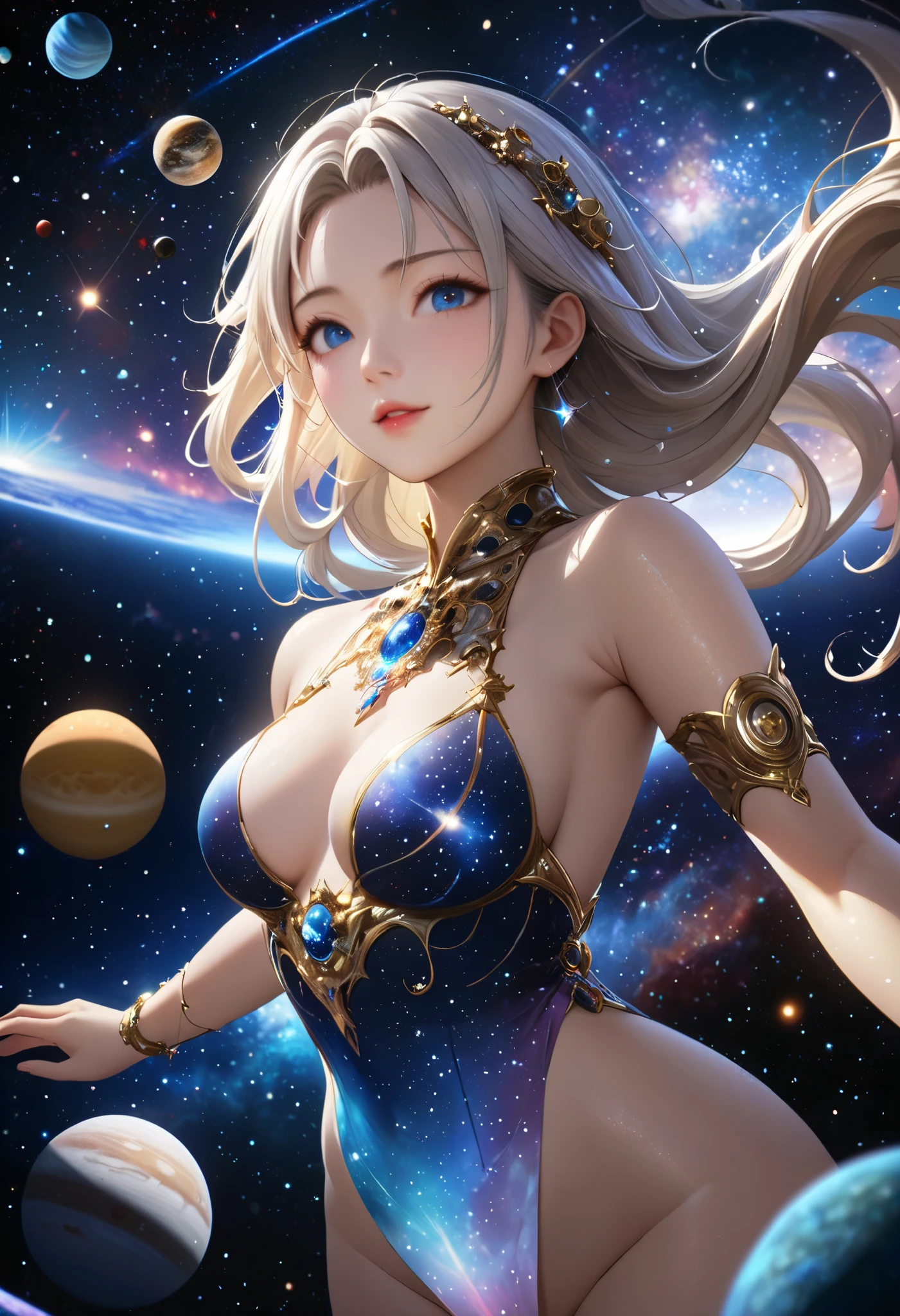 (masterpiece、Highest quality、High resolution、8K、16K)、((Alone  space、Beautiful Goddess、  the sky like a star))、((whole body))、Golden Cape、White long dress、No sleeve、Adorned with vibrant jewels、Gold Bracelet、Blonde middle、Beautiful brown eyes、A kind smile、Mouth closed、Elegant and detailed face、Graceful operation、Place one hand under your chest、Professional Lighting、Seductive pose,The chest is slightly visible,Large breasts sagging due to gravity,  Spread your legs,