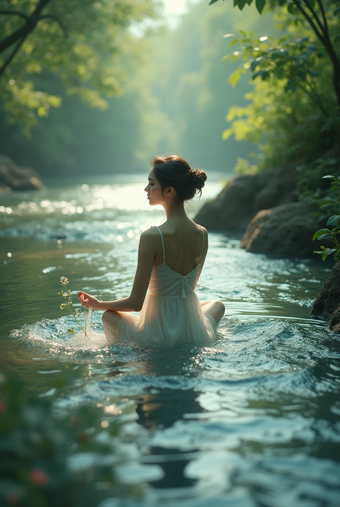 a man in a pond with lily pads in the water, in a pond, standing in a pond, floating in a powerful zen state, nymph in the water, sitting in a reflective pool, floathing underwater in a lake, sitting at a pond, in water up to her shoulders, the hair floats on the water, in a lake, in the water