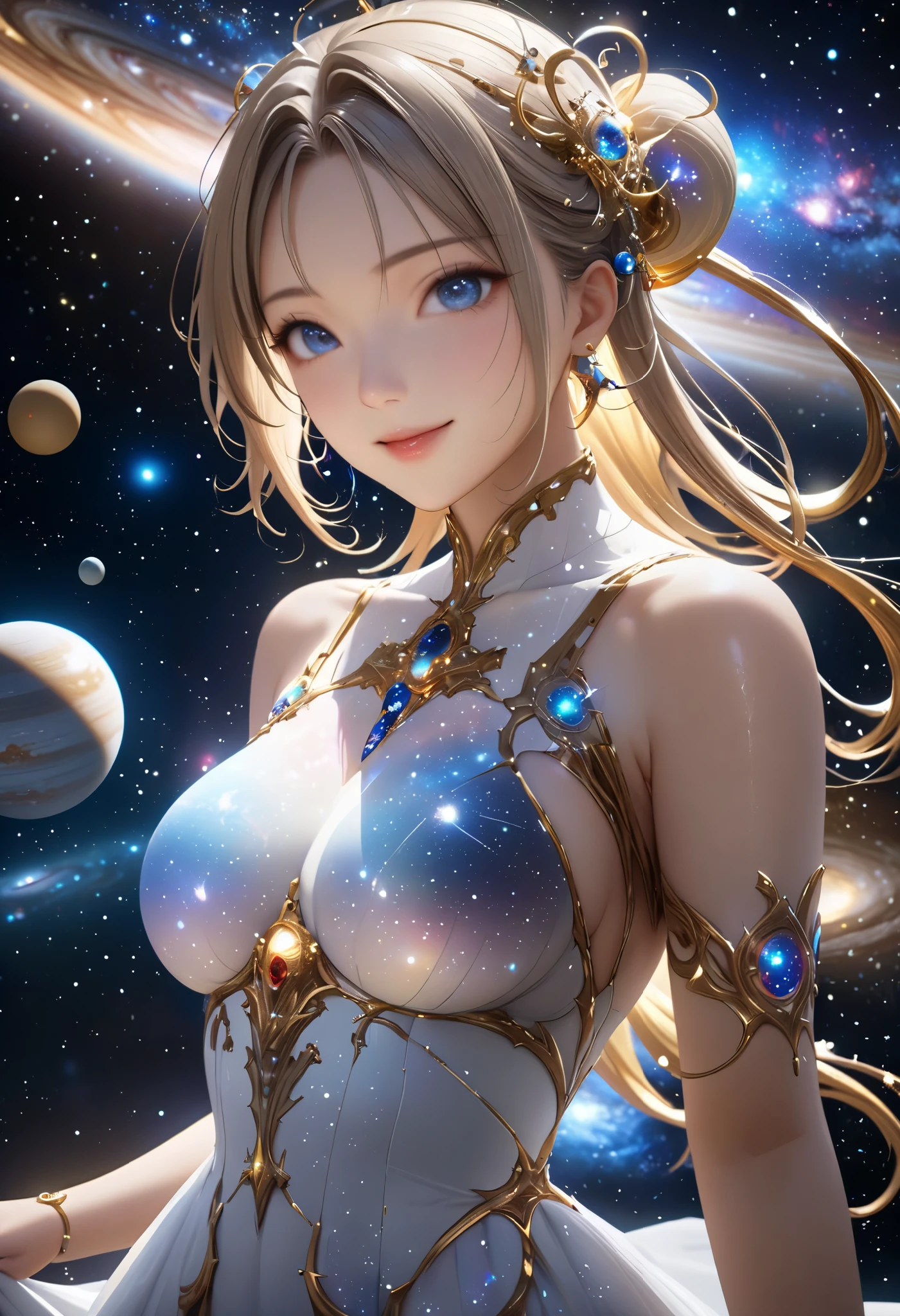 masterpiece, 最 High Quality ,  High Quality , 8k,  depth of field,  high definition , Realistic,  Very detailed,  complicated,  high detail, universe, space, milky way, star, 惑star, Celestial Bodies, solar system, universe線, 超新star, Deep space, There is only one goddess,  most beautiful woman with hanging eyes,  has an anatomically accurate and beautiful figure, whole body,  look at me and smile, Clothes reflect light and emit light, universeに浮かぶ,  digital illustration art ,  