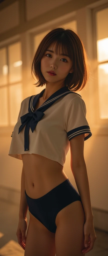  perfect composition on the board, Proper placement, Golden Ratio,  Above Knee Shots ,    beautiful Japanese woman ,  brown hair, Ahoge:1.21,   Brown Eyes  :1.21,  traditional sailor uniform from a prestigious high school in Tokyoの体型 ,   perfect beauty,   flat chested:1.331, Slender body:1.331, Thin limbs:1.331,   thin waist:1.331,  small ass :1.331,   COMPLETE ANATOMY :1.331,   has a small head :1.331,    traditional sailor uniform from a prestigious high school in Tokyo,   white uniform,  short sleeve sailor suit:1.21, sera fuku:1.21, Sailor suit top:1.21, Underneath are panties:1.21, Navy blue silk panties:1.21,  perfect beauty, In closed schools, The sunset is shining:1.21, Dust, steam,  emotional and dynamic cinematic lighting , 