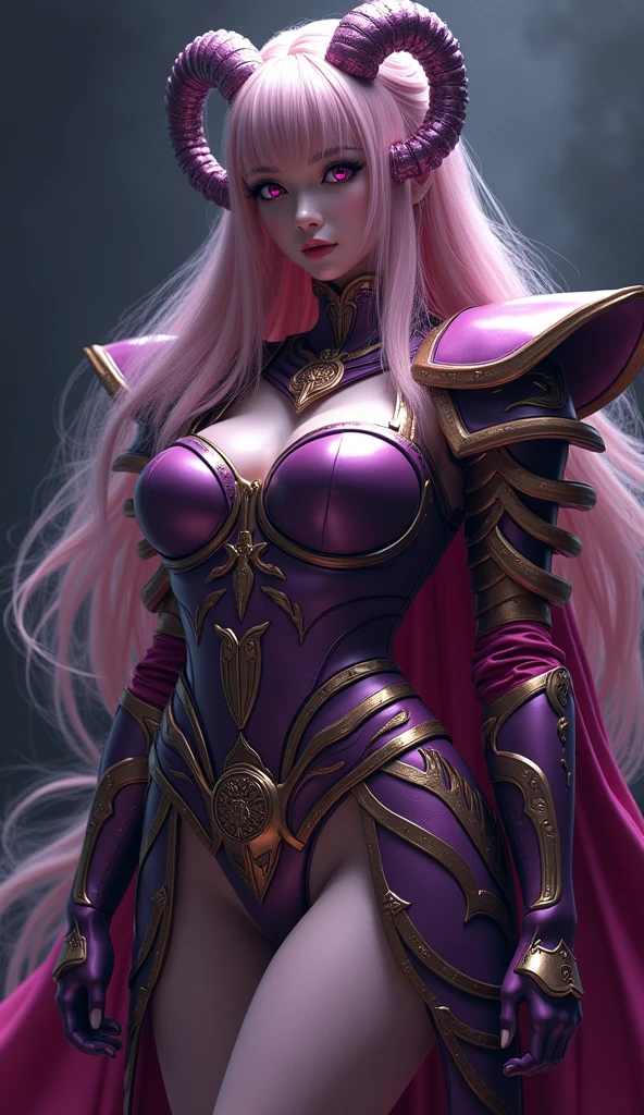 one woman, 25 year old, Greek goddness, purple hairs, blue eyes, greece, ancien temple, perfect bosy, masterclass, HD, 8k, wearing an armor, white cape, enegy aura