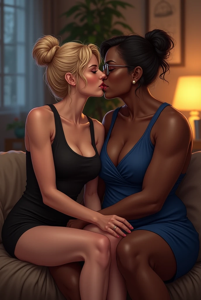 Create an image of an adult blonde woman with her hair tied in a ponytail, wearing white panties and a black strapless top lying on her stomach, with your ass up, on the lap of an elderly lady, 90 years old, fat black woman, who is wearing a flowery dress and glasses and is squeezing the woman's ass