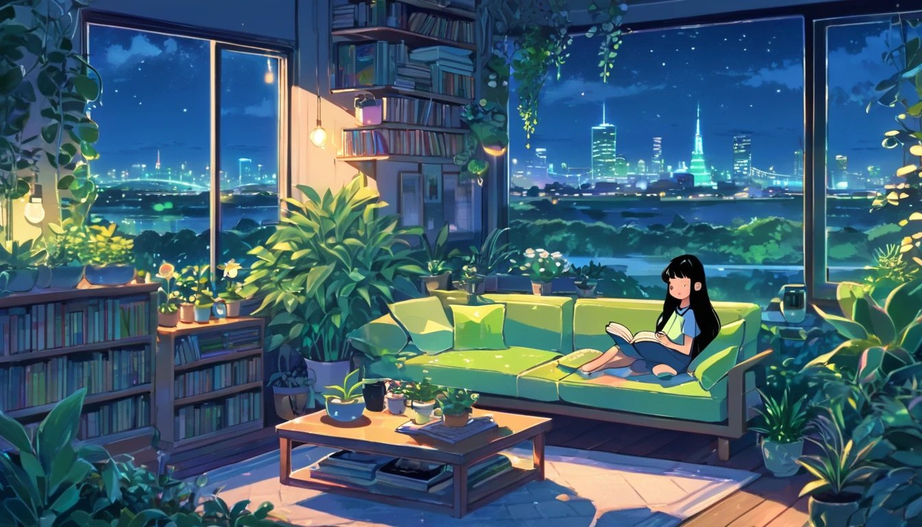  overview, A fl whimsical, thin line art, flat color illustration, ((high quality)), midnight, kawaii girl, long black hair, sitting a sofa, cozy living room, A holding a book. headphones is filled with various green plants and has a warm, inviting atmosphere. A can of soda and a stack of books rest on a small round table in front of him. outdoor garden over the skyline midnight, river