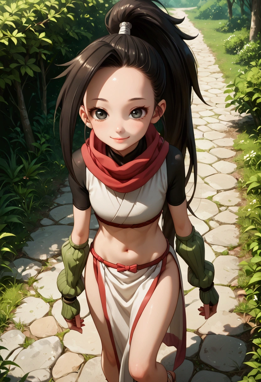  aaaa (quad-a) (I like this one!), score_9, score_8_up, score_7_up, kunotsubaki, black eyes, black hair, long hair, asymmetrical bangs, forehead, high ponytail, ponytail, lips, smile, solo, shirt, navel, red scarf, scarf short sleeves, pelvic curtain, shorts, green gloves, arm warmers, fingerless gloves, sandals