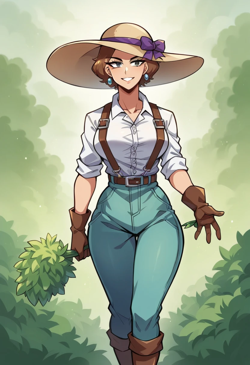 Muscular,women,female,brown hair,yellow eyes,Apron,green,skirt,she is in a garden,flowers,Glasses,an exposed leg,smile ,solo, bigbreasts,sexy,(Hypermuscle:1.1),