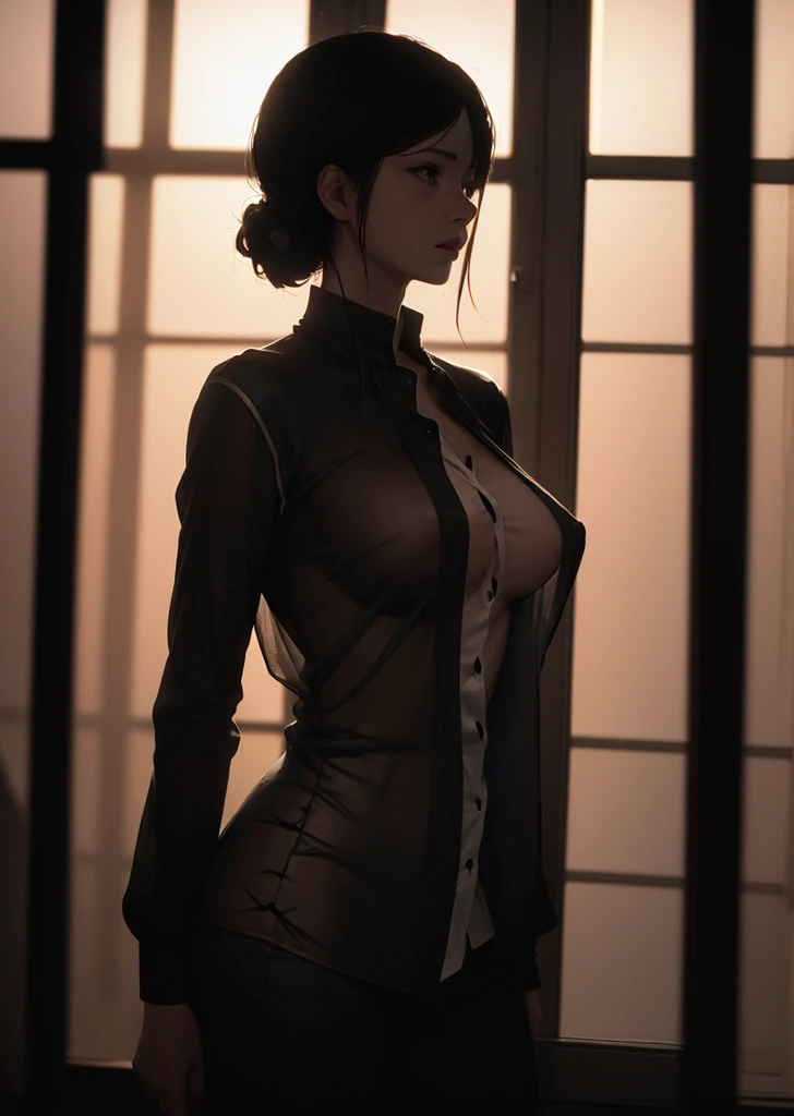 (best quality, masterpiece, high resolution:1.1),Use natural light and color, hyper detail clothes, high detailed anime image, cinematic light, 1 female , (silhouette of body:1.5),(transparent shirt:1.1), against light, (erect nipples:0.8) ,front view