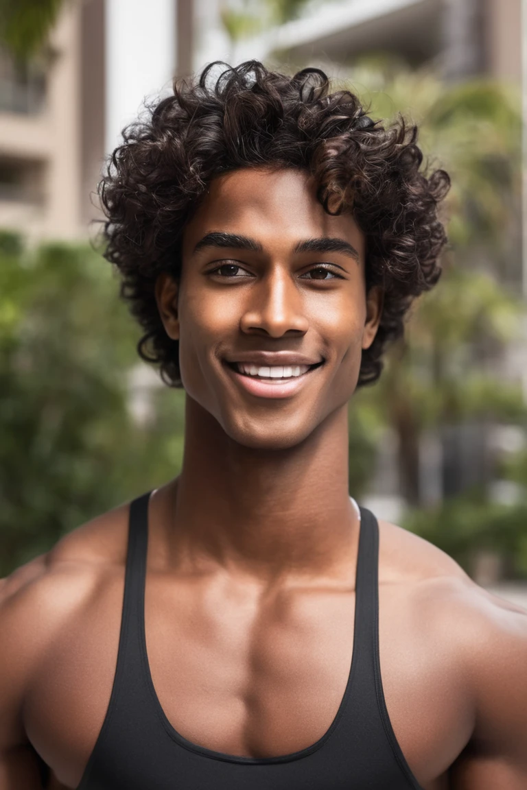  realistic 23-year-old man with brown skin,  medium length hair,  black hair ,  wavy hair ,  brown eyes , an electric gym, shirtless and gym clothes 