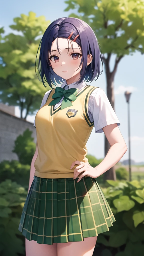 masterpiece, best quality, highres, aaharuna, short hair, hairclip, forehead, school uniform, green bowtie, white shirt, sweater vest, yellow vest, short sleeves, plaid skirt, green skirt, pleated skirt, standing, cowboy shot, outdoors,