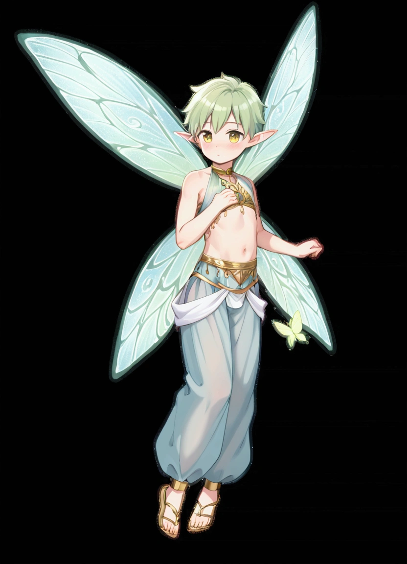 (masterpiece, best quality), (full body:1.2), (standing), (ultra quality skin:1.0), 1boy, ((solo)), (shota), (boy_shota), fairy, (fairy wings, dragonfly wings), elf ears, blush, textured skin, light skin, light green hair, beautiful and detailed face, detailed eyes, gold eyes, eyes, elegant, graceful, pretty boy, soft blush, full view, (simple background, white background, empty background), slave clothes, harem pants, greek clothes, flowing cloth