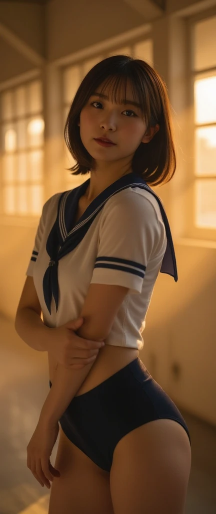  perfect composition on the board, Proper placement, Golden Ratio,  Above Knee Shots ,    beautiful Japanese woman ,  brown hair, Ahoge:1.21,   Brown Eyes  :1.21,  traditional sailor uniform from a prestigious high school in Tokyoの体型 ,   perfect beauty,   flat chested:1.331, Slender body:1.331, Thin limbs:1.331,   thin waist:1.331,  small ass :1.331,   COMPLETE ANATOMY :1.331,   has a small head :1.331,    traditional sailor uniform from a prestigious high school in Tokyo,   white uniform,  short sleeve sailor suit:1.21, sera fuku:1.21, Sailor suit top:1.21, Underneath are panties:1.21, Navy blue silk panties:1.21,  perfect beauty, In closed schools, The sunset is shining:1.21, Dust, steam,  emotional and dynamic cinematic lighting , 