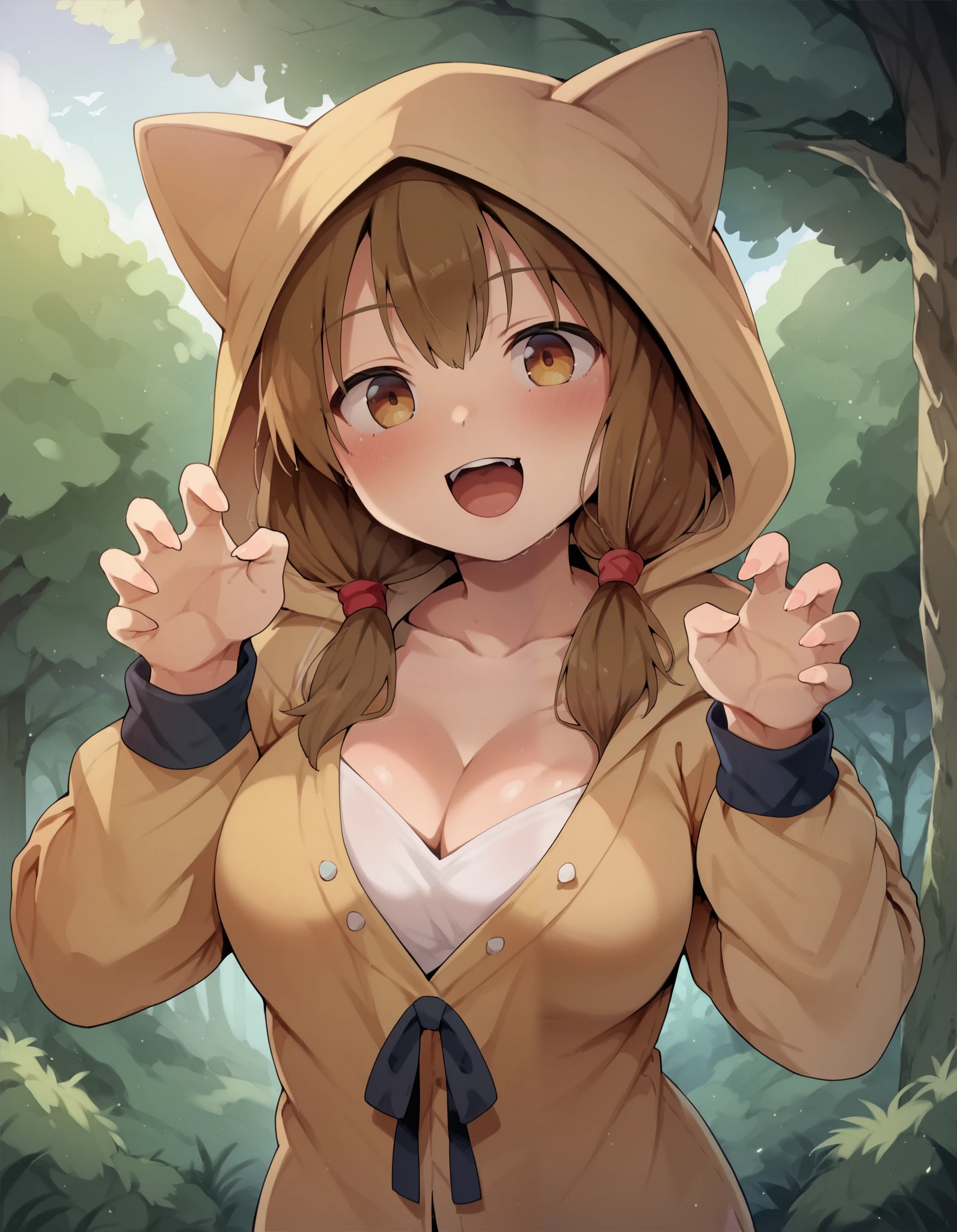 score_9, score_8_up, score_7_up, score_6_up,  masterpiece, best quality, high resolution, absurdres, solo, 1girl, Dagashi_(Daga2626), brown_hair, brown_eyes, low_twintails, large_breasts, animal_hood, (animal_ears), (hood_up), kigurumi, claw_pose, looking_at_viewer, happy, outdoors, forest