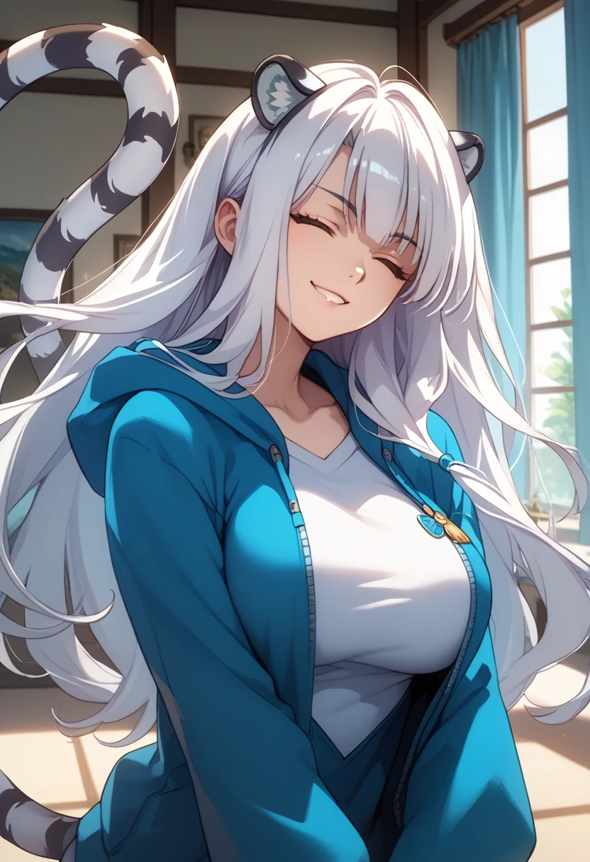 ((masterpiece)), 1girl, solo, long hair, white hair, sly smirk, oversize hoodie, oversize sleeves, kind, caring smile, looking at viewer, mature woman, large breasts, 90s anime style, cute, white tiger tail, white tiger ears, mommy, closed eyes, ((no human ears))