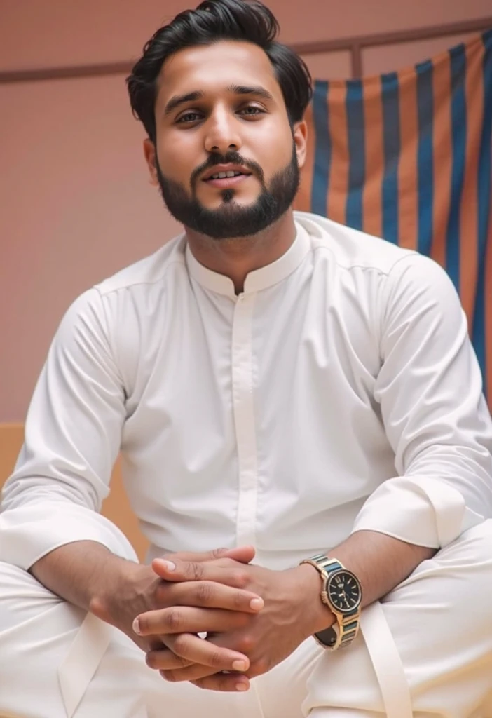 Beautiful islami boy in smile and his cap are long and his beared and his cloth are islami and islam zindabad calligraphy in his cloth top