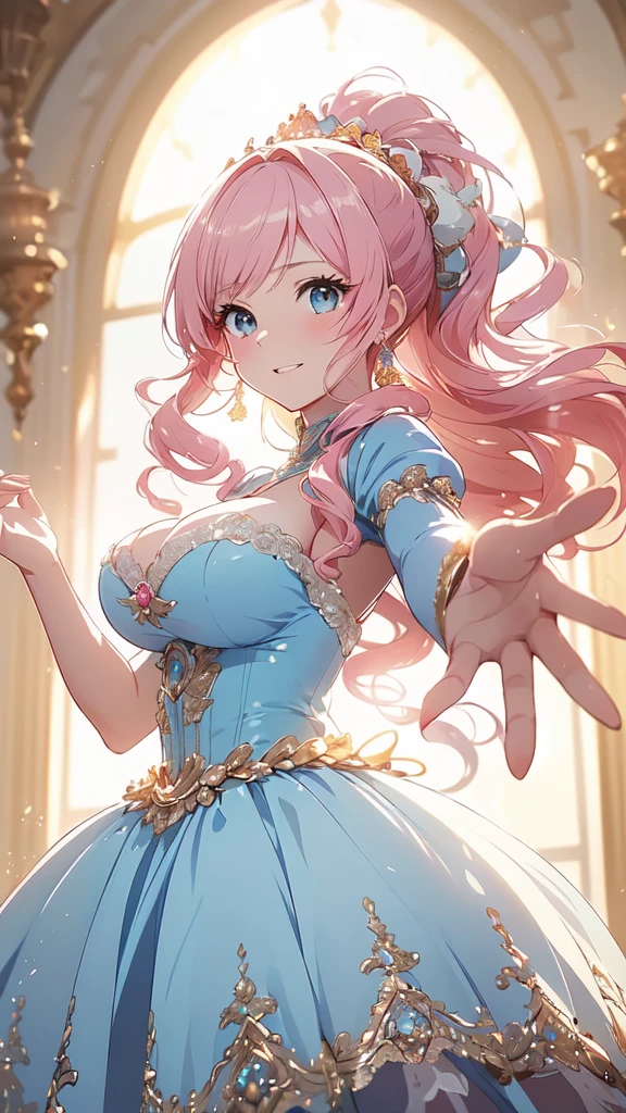 Super detailed ,best quality ,very aesthetic ,full body ,A young-looking princess ,Such beautiful eyes ,Embarrassed look ,A seductive face ,Beautiful Lips ,(Hair blowing in the wind ,Pink Hair ,Fluffy ponytail ,Curly Hair ,Expressive hair ,Very voluminous long hair) ,A silver tiara with glittering ornaments and sparkling jewels ,Crystal earrings with glittering gold embellishments ,A very luxurious jeweled hair ornament ,(Voluminous full-length hoop skirt with gorgeous ruffles ,((crinoline)) ,Long race ,A gorgeous and beautifully embroidered and jeweled Rococo princess ball gown dress.) ,Silk gloves ,Open chest ,Textured skin ,Sweat on the skin ,Emphasized cleavage ,Huge  ,Big Breasts ,Nipples ,Holding up her skirt with her hands ,(Shining Light ,Fantasy ,The expansive lake ,Sunny blue sky outdoors) ,Standing on the lake ,