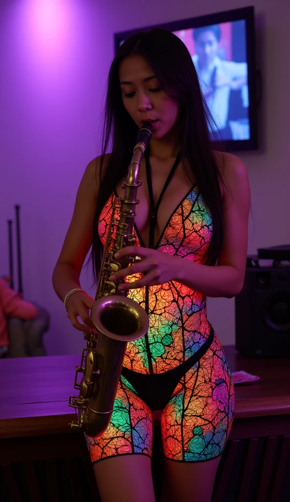 { 1girl, young funk rock star, ((singing)) on concert stage, (((playing electric guitar))), ((cowboy shot)), ((lift a leg)) }, { }, { (neon glowing), (masterpiece), (absurd resolution), (best quality:1.2), (photo realistic:1.6), (Luminous lighting:1.3), (Chiaroscuro:1.3), (Immersive atmosphere:0) }, { (open mouth),(weeping),(smiling:1.2), (shiny skin),((slender body)),(big breasts:0),(big pelvis), (neon color hair, long funky hair style) }, { ((see-through)) slingshot swimsuit with ((deep cleavage)), ((underboob)), ((see-through)) black stocking, highcut panty, ((pubic hair)) }