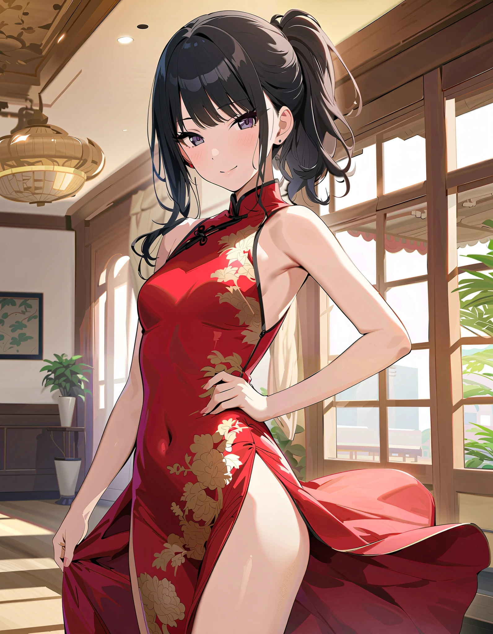 (masterpiece),( best quality),(  Very detailed),(  vest shadow  ),(  detailed background ),( VERY BEAUTIFUL), Official style, Hiori Kazano,   ponytail,   black hair  ,   dark eyes,  small breasts, smile, ( red cheeks :1.1),   The Idolmaster Shiny Colors ,   china dress, ( long slit :1.3), (wind lift:1.2),  party venue, ( cowboy shot), Real Skin, nsfw