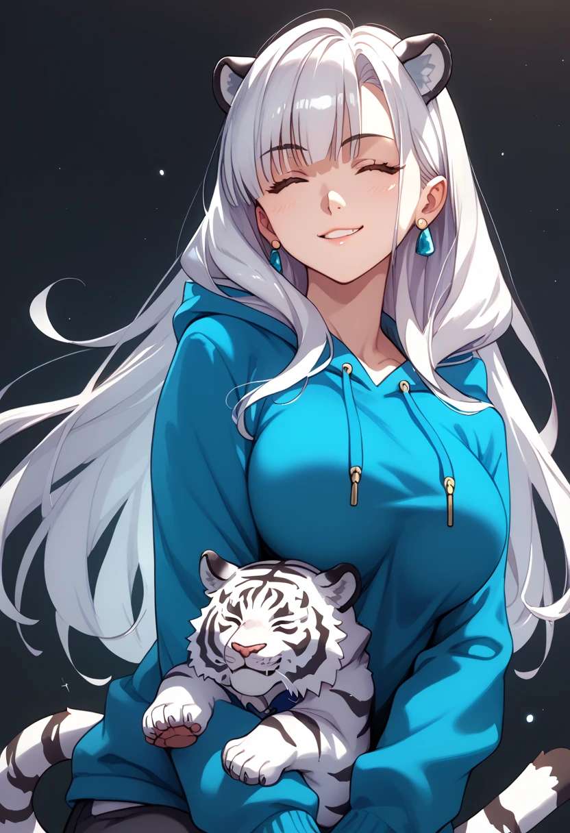 ((masterpiece)), 1girl, solo, long hair, white hair, sly smirk, oversize hoodie, oversize sleeves, kind, caring smile, looking at viewer, mature woman, large breasts, 90s anime style, cute, white tiger tail, white tiger ears, mommy, closed eyes, with baby in arms.