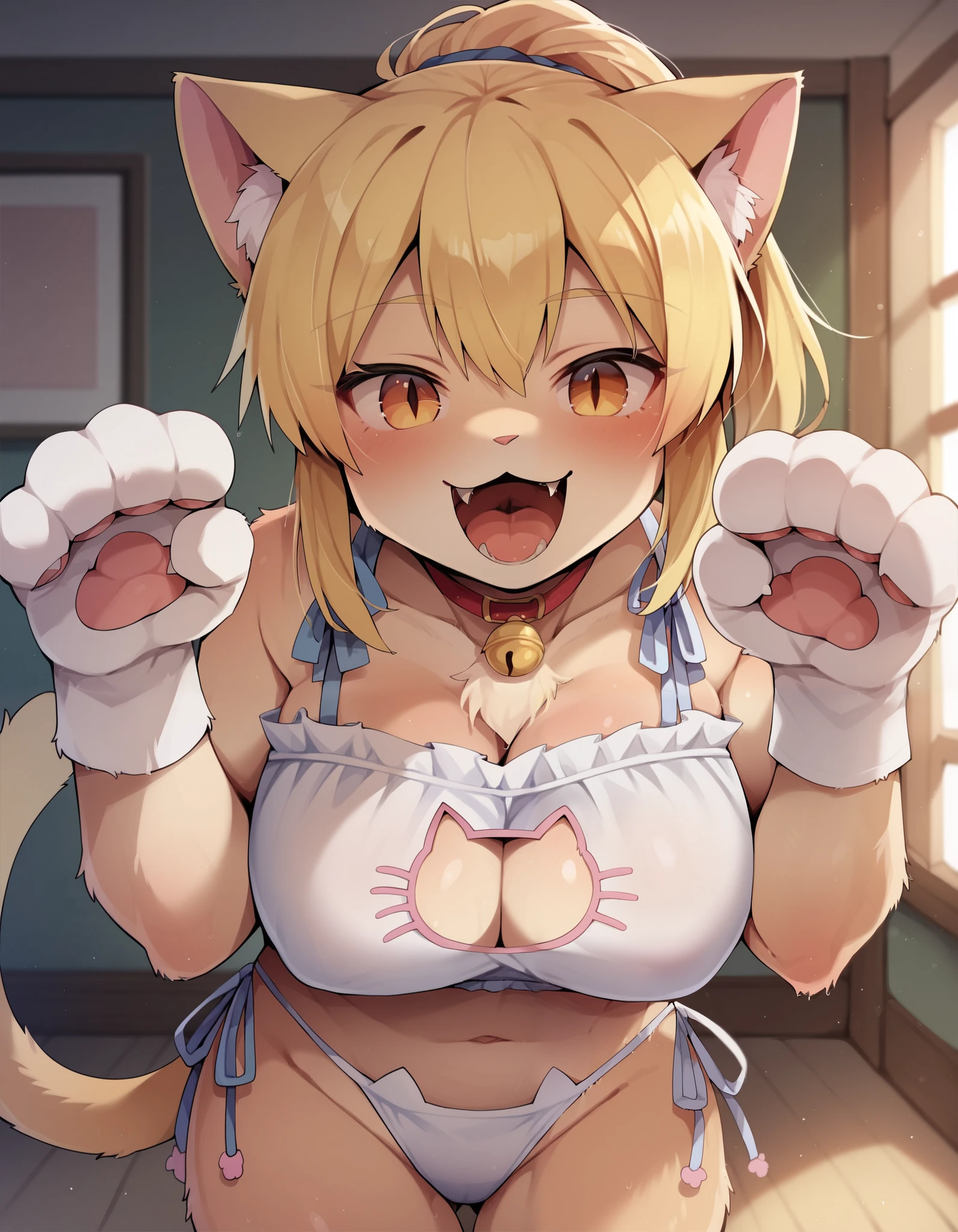 score_9, score_8_up, score_7_up, score_6_up,  masterpiece, best quality, high resolution, absurdres, solo, 1girl, Dagashi_(Daga2626), cat_girl, cat_ears, cat_tail, large_breasts, paw_pose, cat_lingerie, happy, fangs, open_mouth, looking_at_viewer, indoors, fur, furry, body_fur, brown_fur, blonde-eyes, slit_pupils, ponytail, red_hair