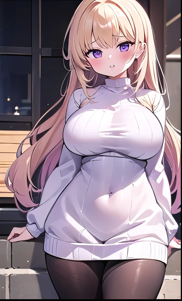   1 girl,   short 、blonde , Blonde、Long Hair, Curly hair、 purple eyes ,  1 girl 、 outside、 Big Breasts 、Bitch、Big Breasts,  , pink lips、  knight 、Best shadow、Best lighting、（(( Long Sleeve 、Thick knit、 dress、Thin tights、Moco Moco clothes))）、front、