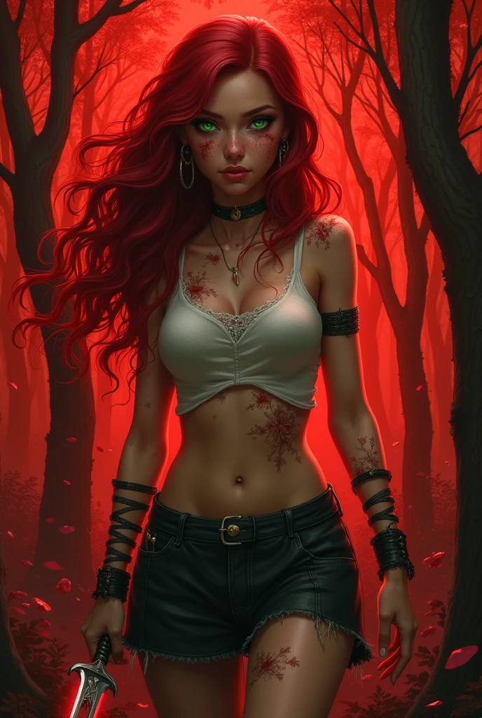 Damsel in distress. Human woman (young 18. red miniskirt (damaged and torn), red fishnet top) is fleeing through the woods crying and scared, werewolf chasing her, forest