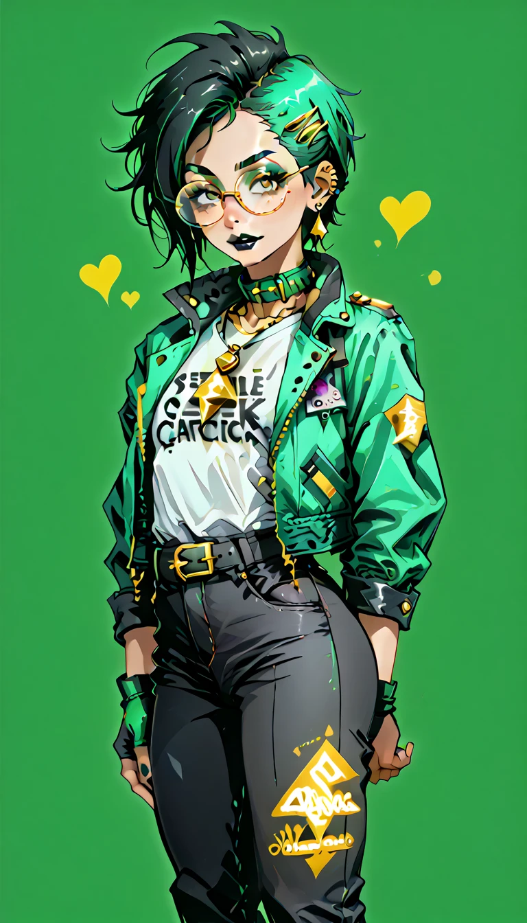 1boy;Androgynous;dark green punk undercut hair;gold eyes;freckled skin;toned,athletic body;black lip gloss;black eyeliner;green eyeshadow;sharp black nails;round glasses;grey tight shirt;black cargo pants;green belt;Green Canvas Jacket;Combat Boots;amber pendant;green collar;pierced ears
