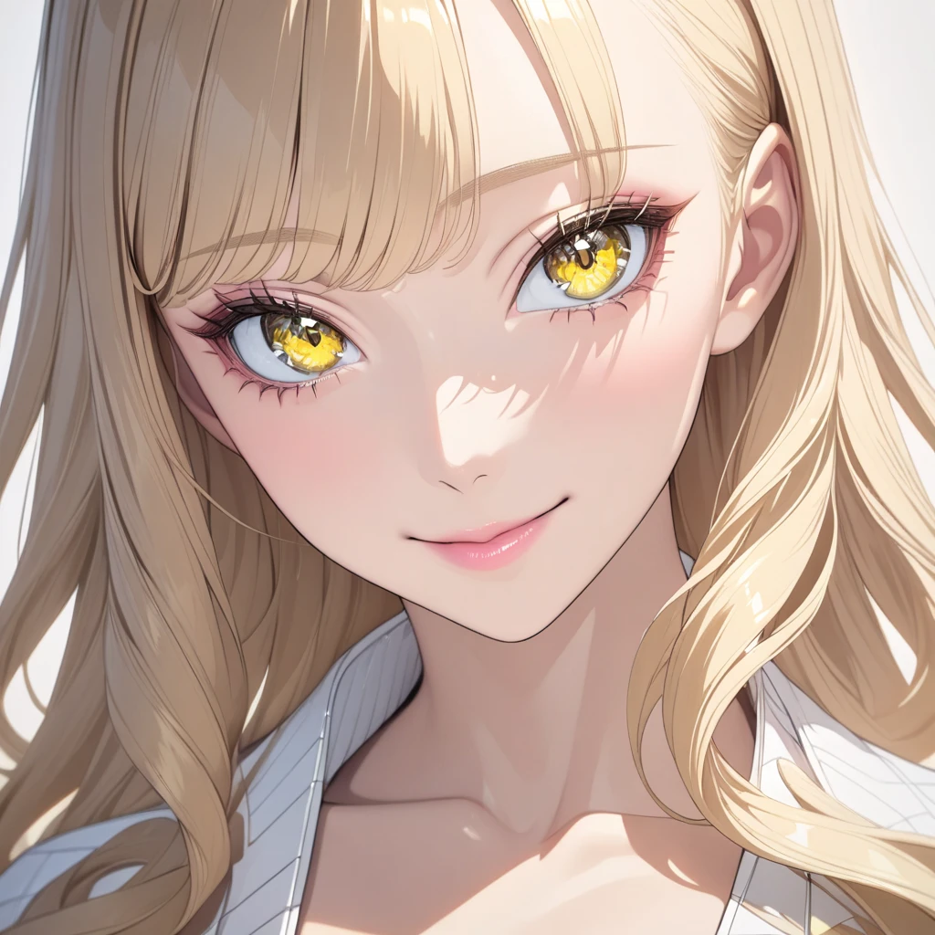 1girl, long curly blonde hair, yellow eyes, smile, white background, close-up, medium breasts, high res, ultrasharp, 8K, masterpiece, looking at viewer