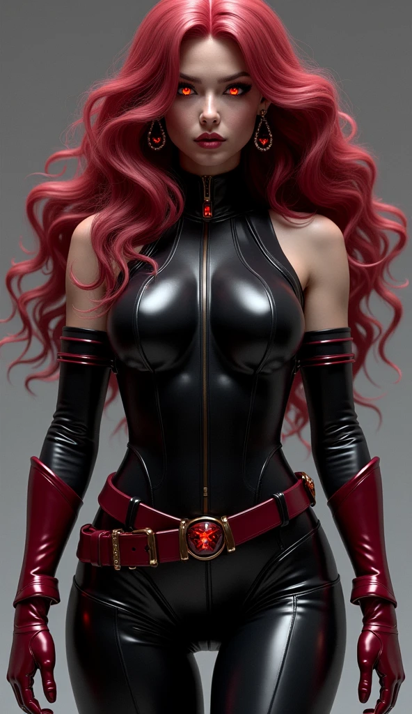 The image features a girl with long, bright red hair, dressed in a sleek skin-tight shiny black latex bodysuit with a deep-cut zipper neckline revealing a large chest, the silver zipper running down the front. The suit is complemented by her iron wrist guard on both wrists and a belt of silver circles around her waist. She holds a gun in each hand in a ready position, while her other hand is touching her hair. The background is white