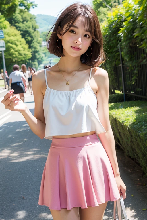 1girl, look at viewer, standing, in park, black hair, hair bang, hairstyles, in the style of pink e and light off shoulder t-shirts, abs stomach, skirt, dreamy and romantic compositions, white, playful arrangements, fantasy, high contrast, ink strokes, over exposure, pink and white tone impression, attractive pose,