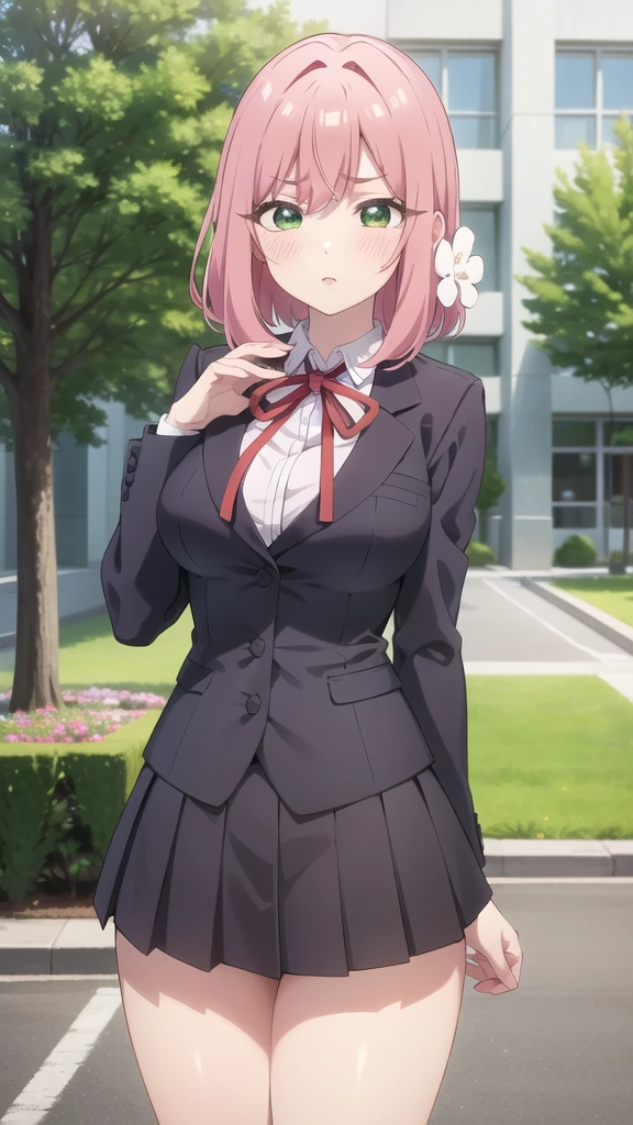 hakari_wz, pink hair, medium hair, hair ornament,  hair flower, green eyes, school uniform, black skirt, miniskirt, pleated skirt, black jacket, white shirt,collared shirt, long sleeves, neck ribbon,ribbon, thighs, large breasts, standing,  cowboy shot, looking at viewer, outdoors, blush, 1girl, (masterpiece:1.3), (high resolution), (8K), (extremely detailed), (4k), (pixiv), perfect face, nice eyes and face, (best quality), (super detailed), detailed face and eyes, (solo), textured skin, absurdres, highres