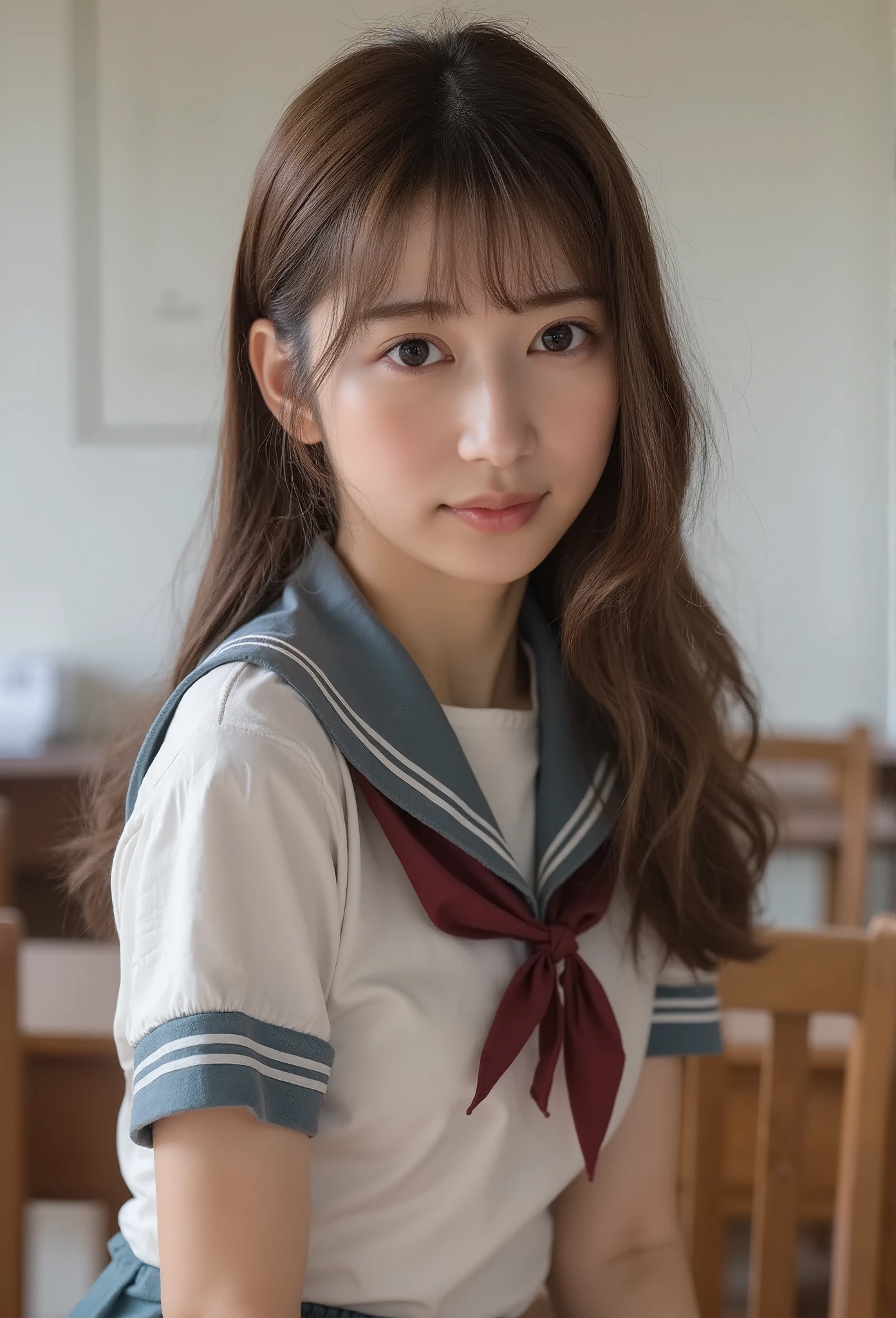 ultra high resolution photograph of a 20 years old Japanese woman, hyper realistic, photo realistic, masterpiece, best quality, absurdres, 32k, RAW photo, intricate details, extremely detailed, beautiful lighting, perfect lightning, realistic shadows, perfect anatomy, perfect figure, perfect style, perfect balance, perfect hand, extremely delicate and beautiful, super beauty, super detailed skin, very slim body, narrow waist, very small head, very small face, delicate facial features, very detailed eyes and face, realistic face proportions, realistic beautiful face, realistic beautiful eyes, medium length hair, upper body shot, school-uniform, bare legs, bare feet, indoors,