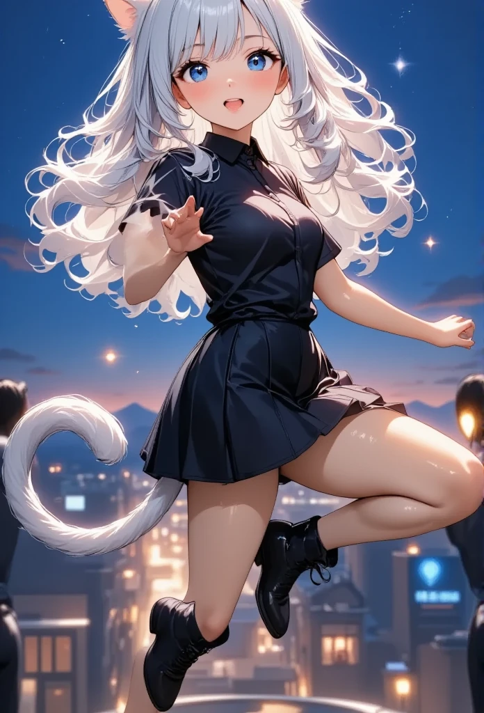 (best quality)), ((masterpiece)), (detailed), perfect face, white hair, white cat ears, white cat tail, DD cup breasts, thick thighs, crazy love eyes, glowing red eyes, smirking, black and purple off the shoulder top, flowing skirt, black heels, slightly blushing, holding a bloody knife, walking in a puddle of blood