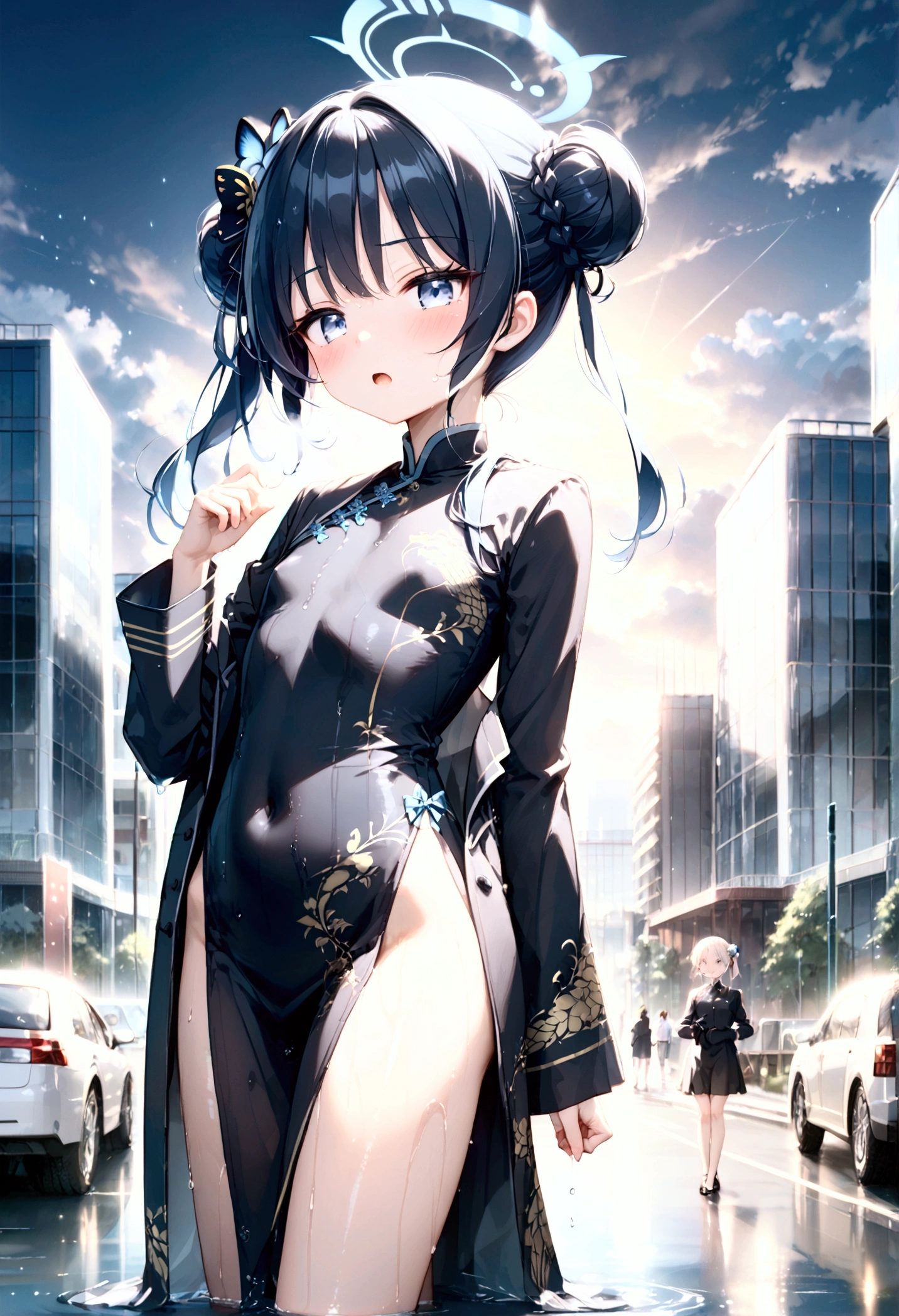 High image quality 、masterpiece、  High Quality   、Full HD、4K 、 depicting only one girl 、 looking at the camera、 seen from the front、 Focus on your upper body 、Side view、Kisaki(blue archive)、 long black hair  、Bun Hair、Blue hair ornament、  blue eyes、 slim、 flat chested、Grey Halo (Kisaki)、Screaming、 Shy 、blush、 red cheeks 、White Breath、 black China dress style uniform、Gold embroidery、Long, slender legs、 standing、Wet clothes、Skin Seen Through Clothes 、 no one、雨の降る no one近代的な都市、Surrounded by large buildings 、Lots of rain 、Building in the background