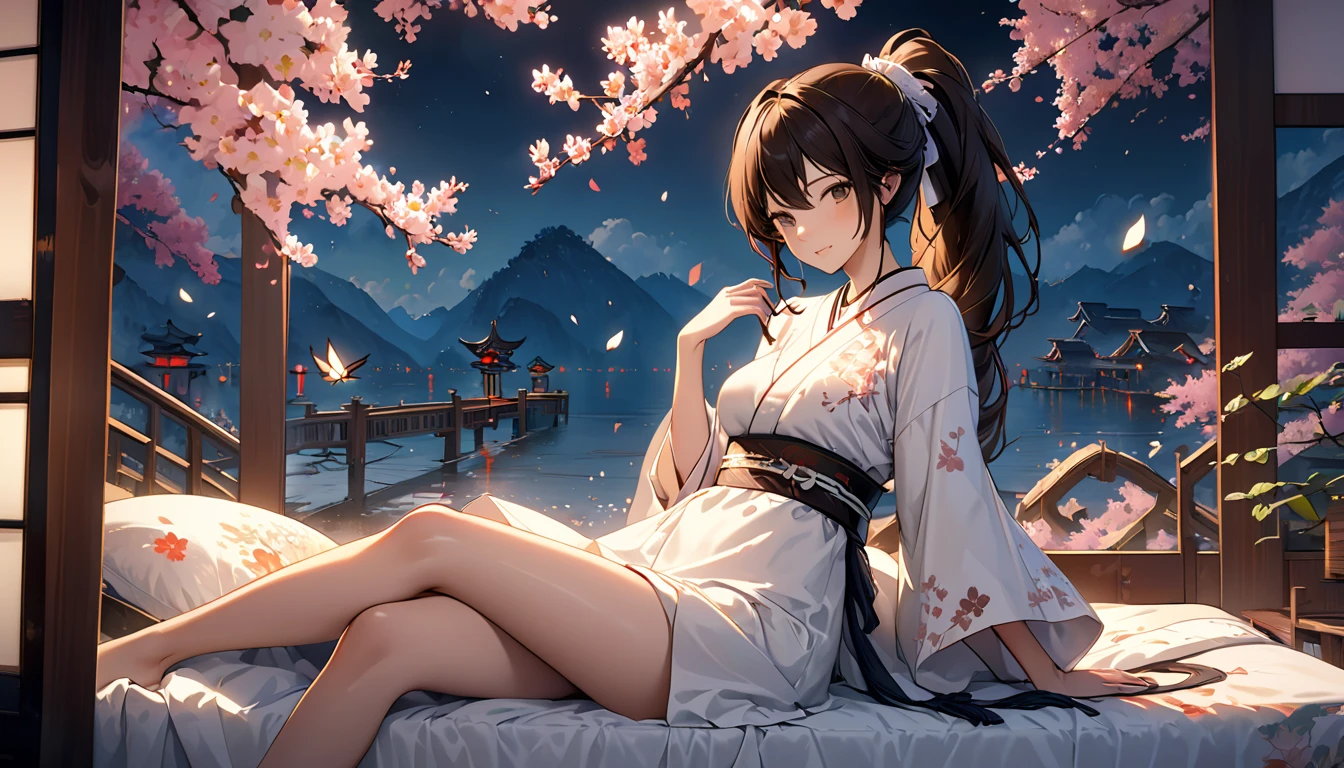 japanes、very real、kimono、The cherry tree、blue-sky、Fluffy breasts、Fluttering thighs、undergarment、Kupa-hsien、Cherry blossoms、fullmoon
